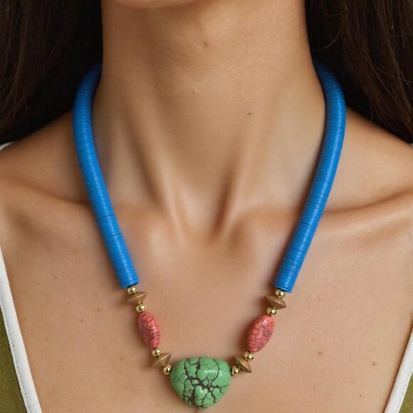 Blue/Coral/Green beaded choker - Picture 1 of 6